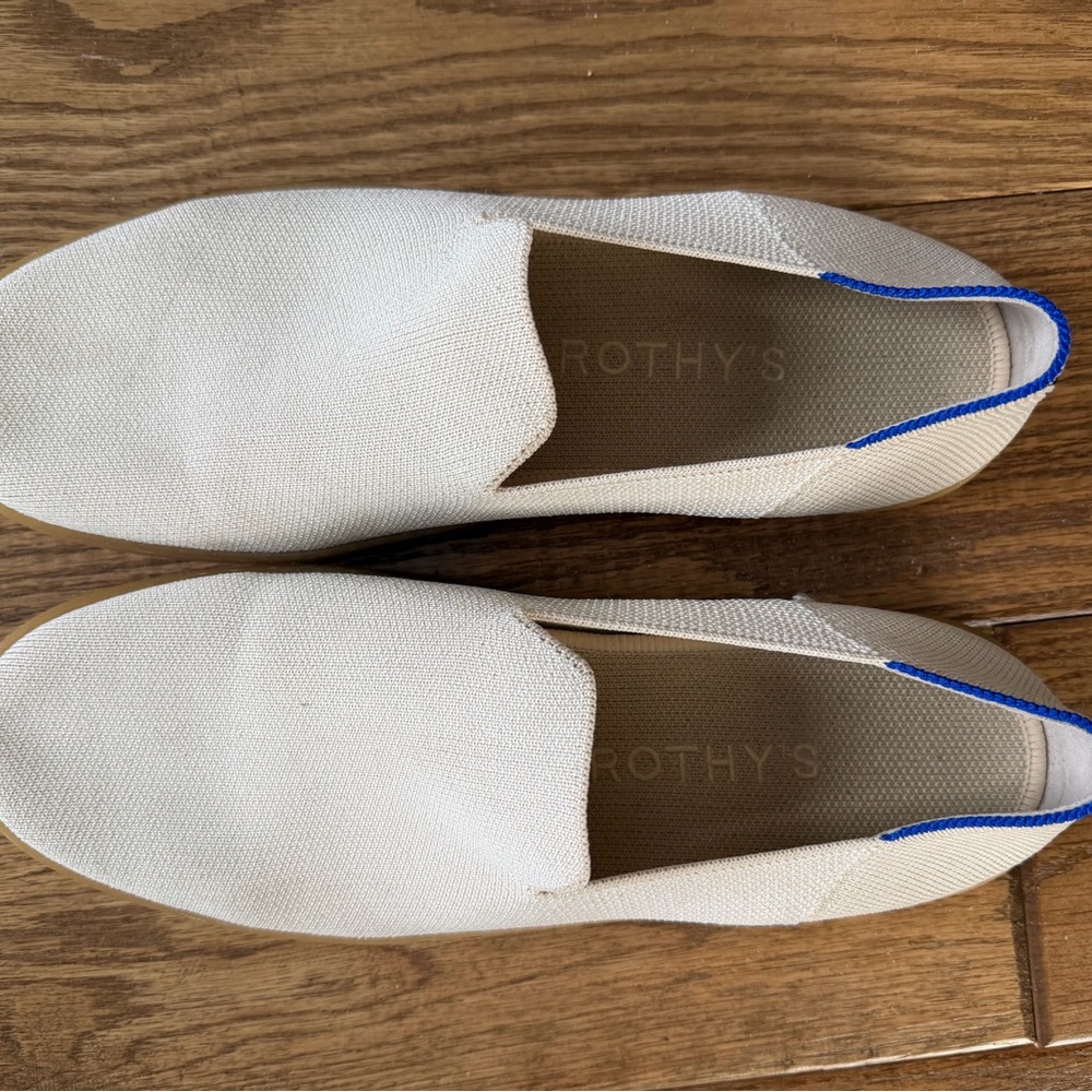 Rothy's Tan Slip-On Flats with Blue Trim